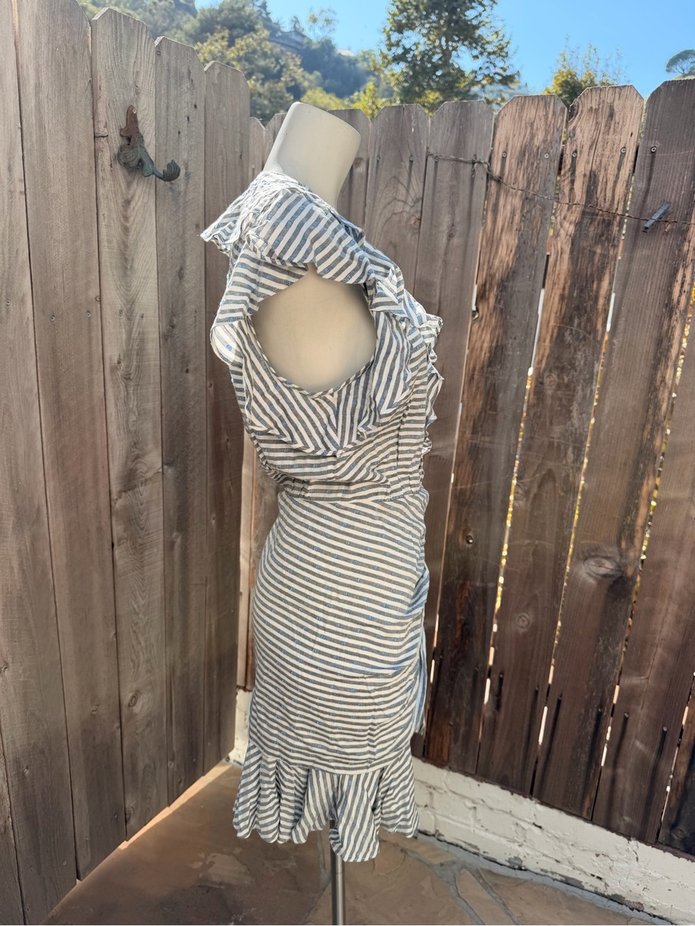 Veronica Beard Kai Striped Ruffle Button-Front Mini Dress in Blue & White - Picture 13 of 13